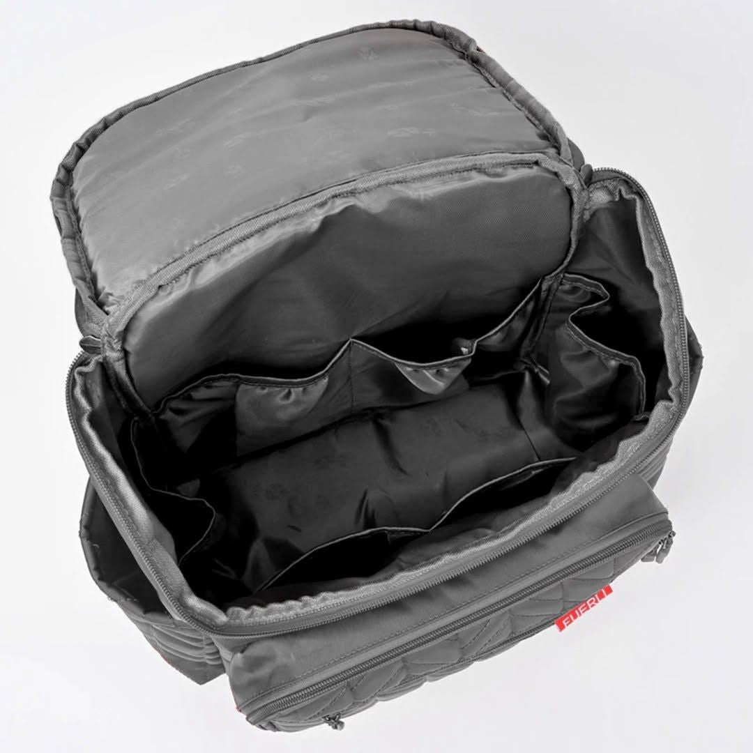 Stylish grey quilted chevron nappy backpack by Fuerli - spacious interior