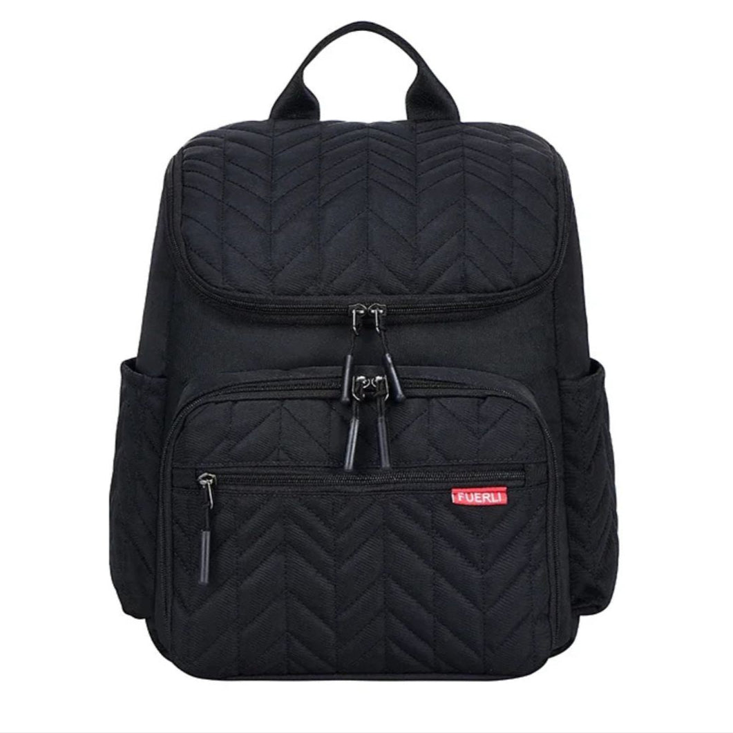 Quilted Nappy Backpack in black, featuring chevron design and multiple pockets for baby essentials.
