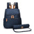 Navy blue quilted nappy backpack with change mat, perfect baby bag for stylish parents on the go.