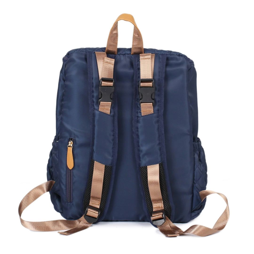 Quilted blue nappy backpack with adjustable straps and large interior