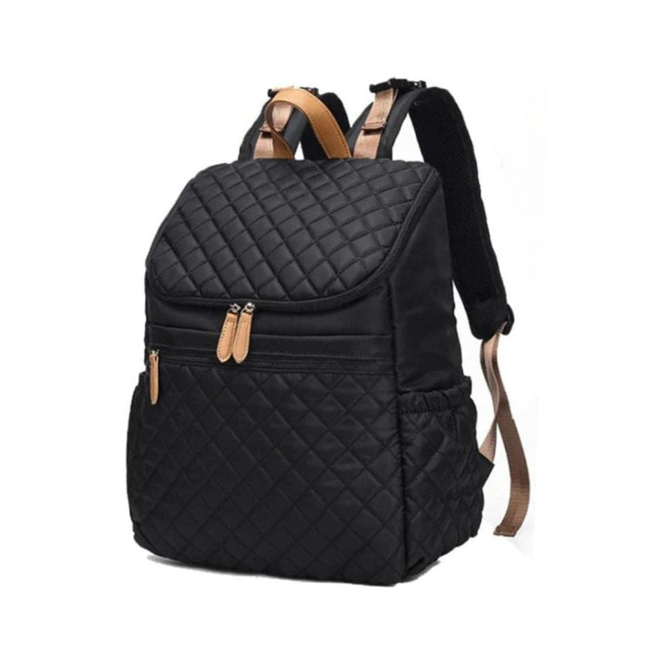 Black quilted nappy backpack, stylish and practical baby bag with smart storage and stroller clips.