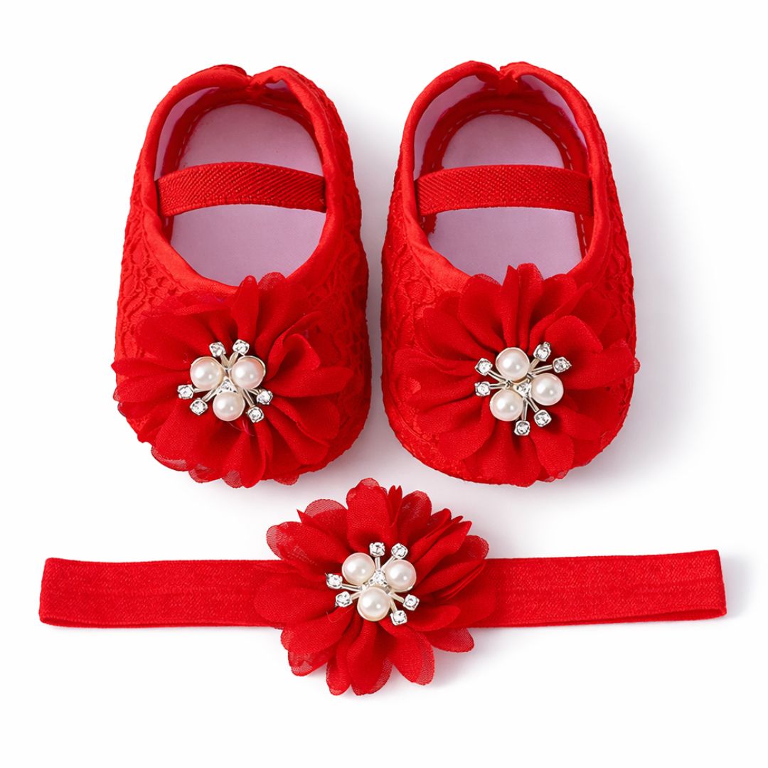Red floral lace baby shoes and matching headband set with pearl and diamante flower detail