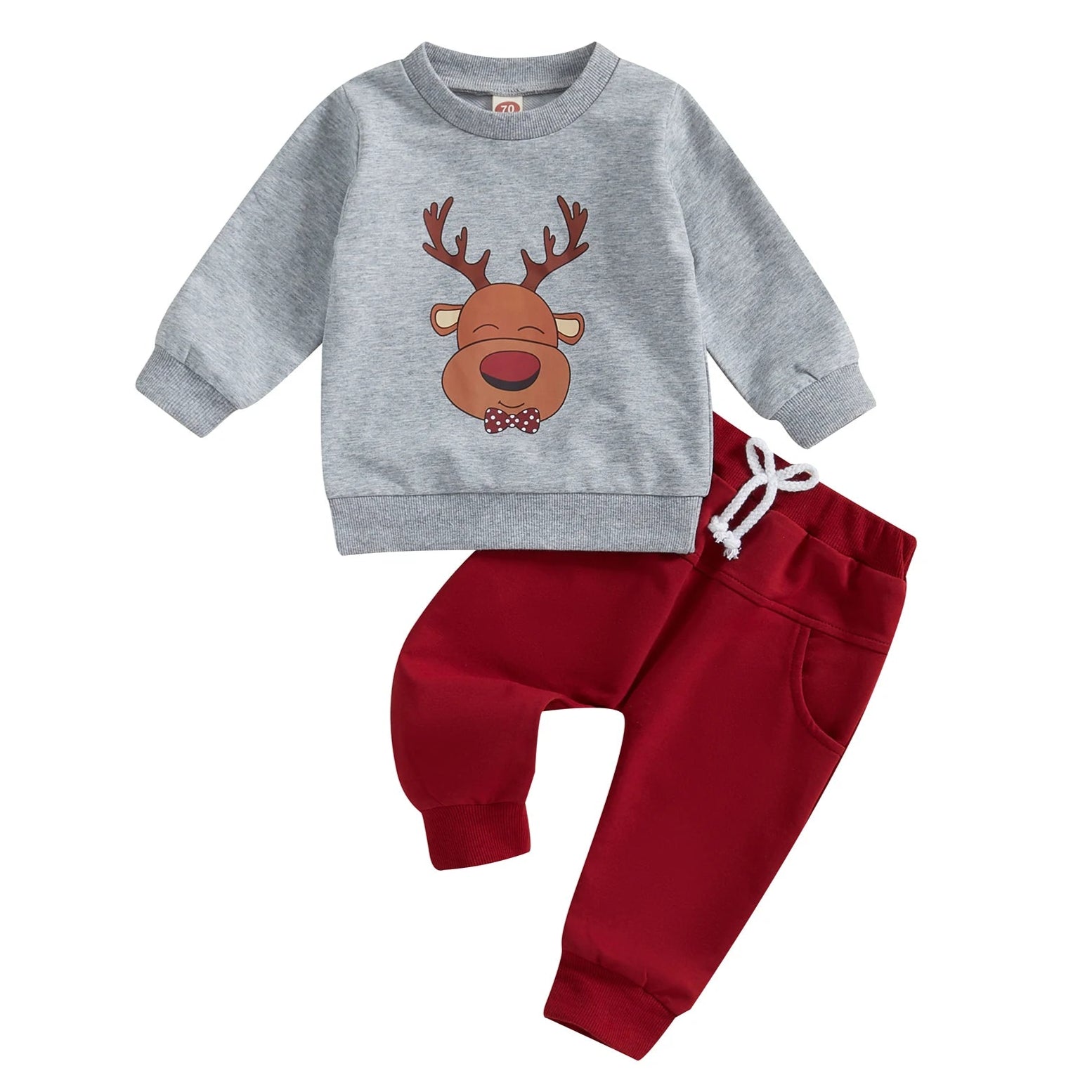 Baby boy Christas outfit - long-sleeve reindeer pullover top and red tracksuit pants