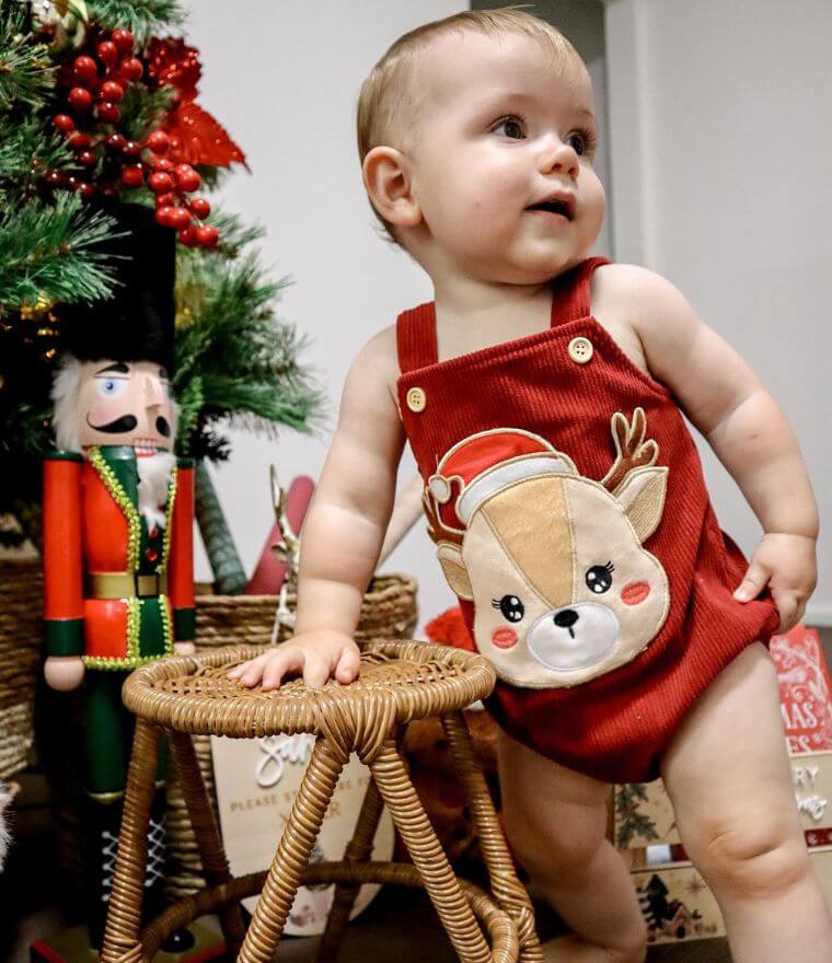 Reindeer Corduroy Baby Romper | Baby's First Christmas Outfit - Lulu Babe