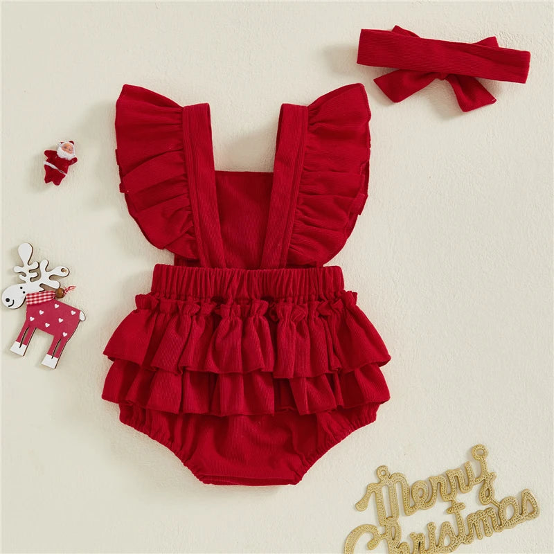 Red Reindeer Ruffle Romper with headband for baby girls - back view