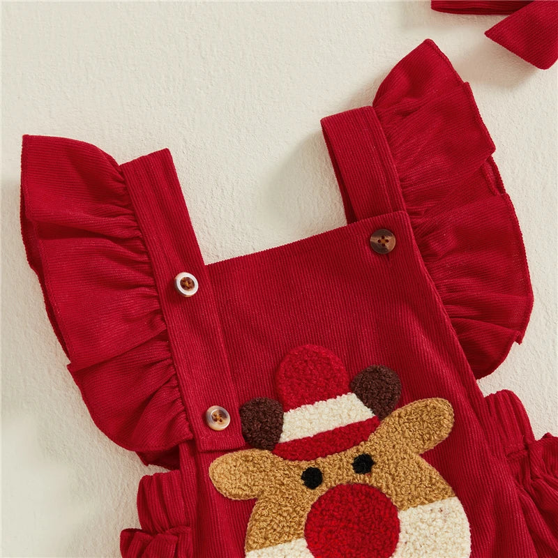 Closeup of red reindeer ruffle romper for baby girls