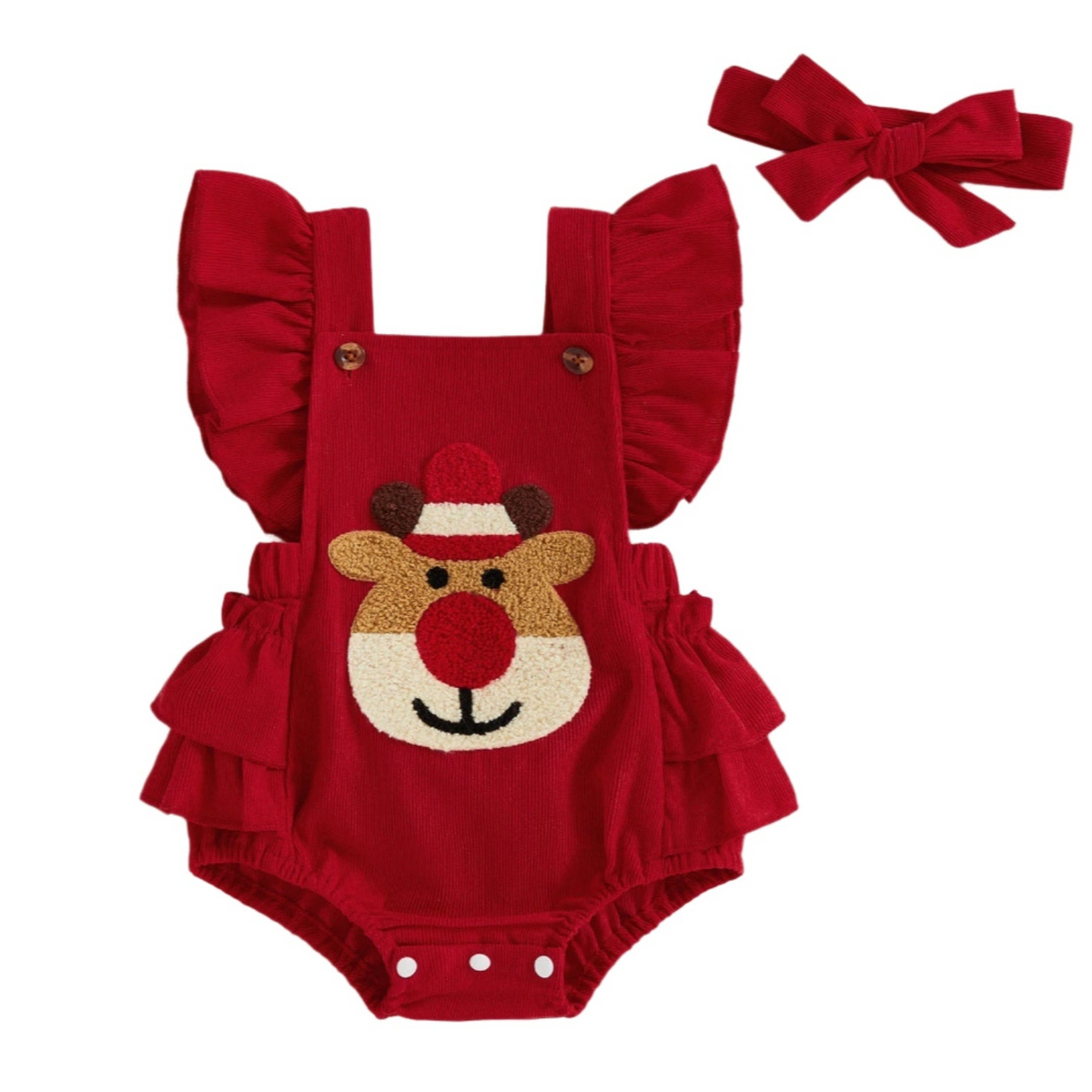 Reindeer Ruffle Romper for baby girls in red, perfect baby Christmas outfit with matching headband.
