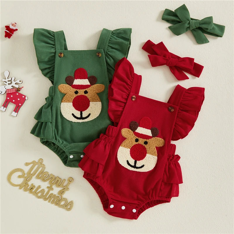 Adorable baby girl Christmas outfits: reindeer ruffle rompers in green and red with matching headbands, perfect for festive occasions.