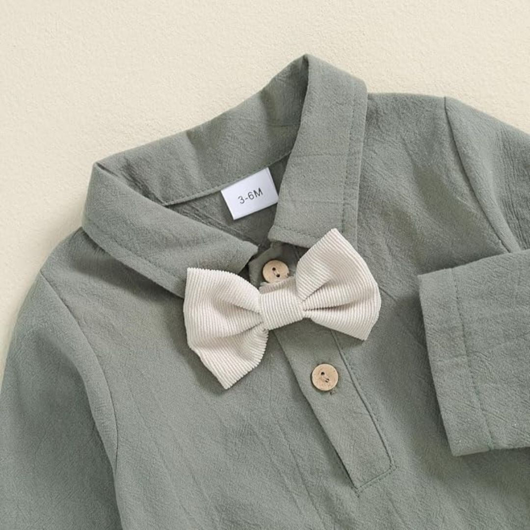 Formal baby boy outfit - showing sage green collared shirt onesie with bow tie