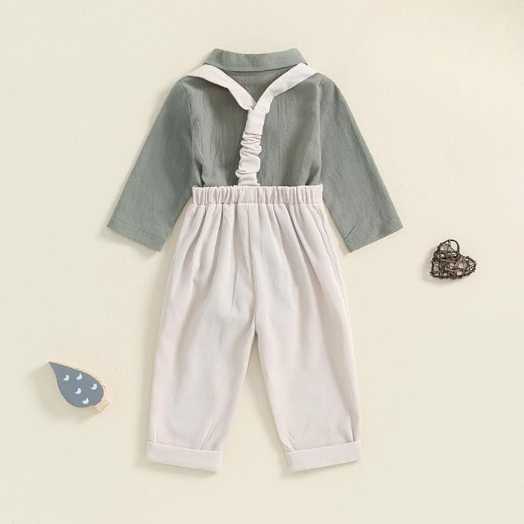 Formal baby boy outfit in sage green and cream - back view