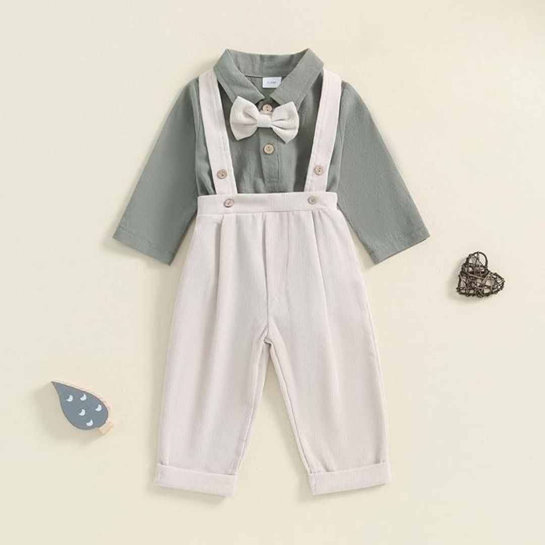Formal baby boy outfit - sage green collared shirt onesie with bow tie, and cream tailored pants with suspenders