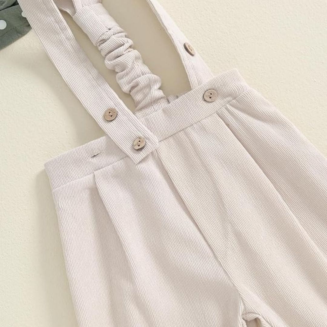 Formal baby boy outfit in sage green and cream - view of suspender pants