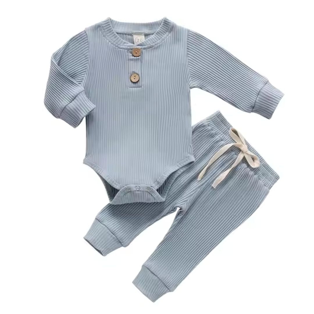 Baby outfit - ribbed long sleeve bodysuit & pants in blue - Lulu Babe