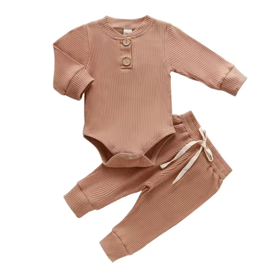 Baby outfit - ribbed long sleeve bodysuit & pants in latte - Lulu Babe
