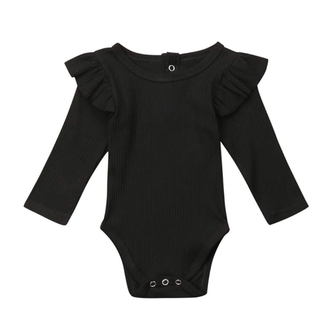 Ribbed Long Sleeve Flutter Romper in black