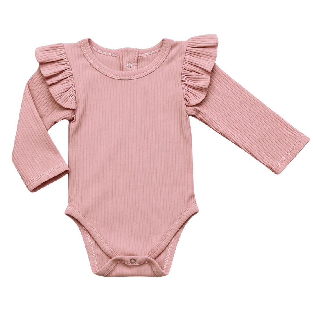 Ribbed Long Sleeve Flutter Romper in pink