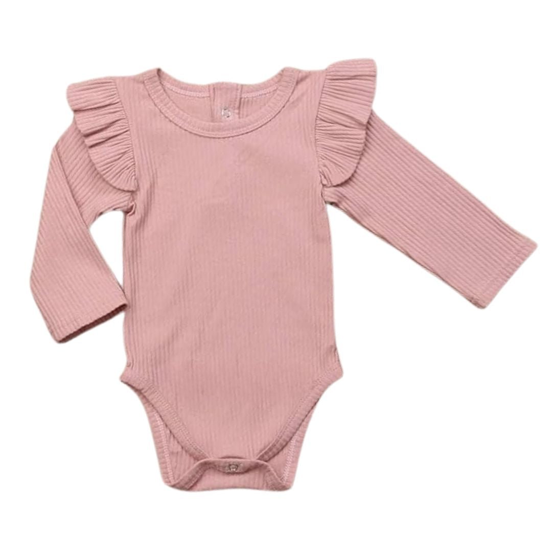 Ribbed Long Sleeve Flutter Romper in pink