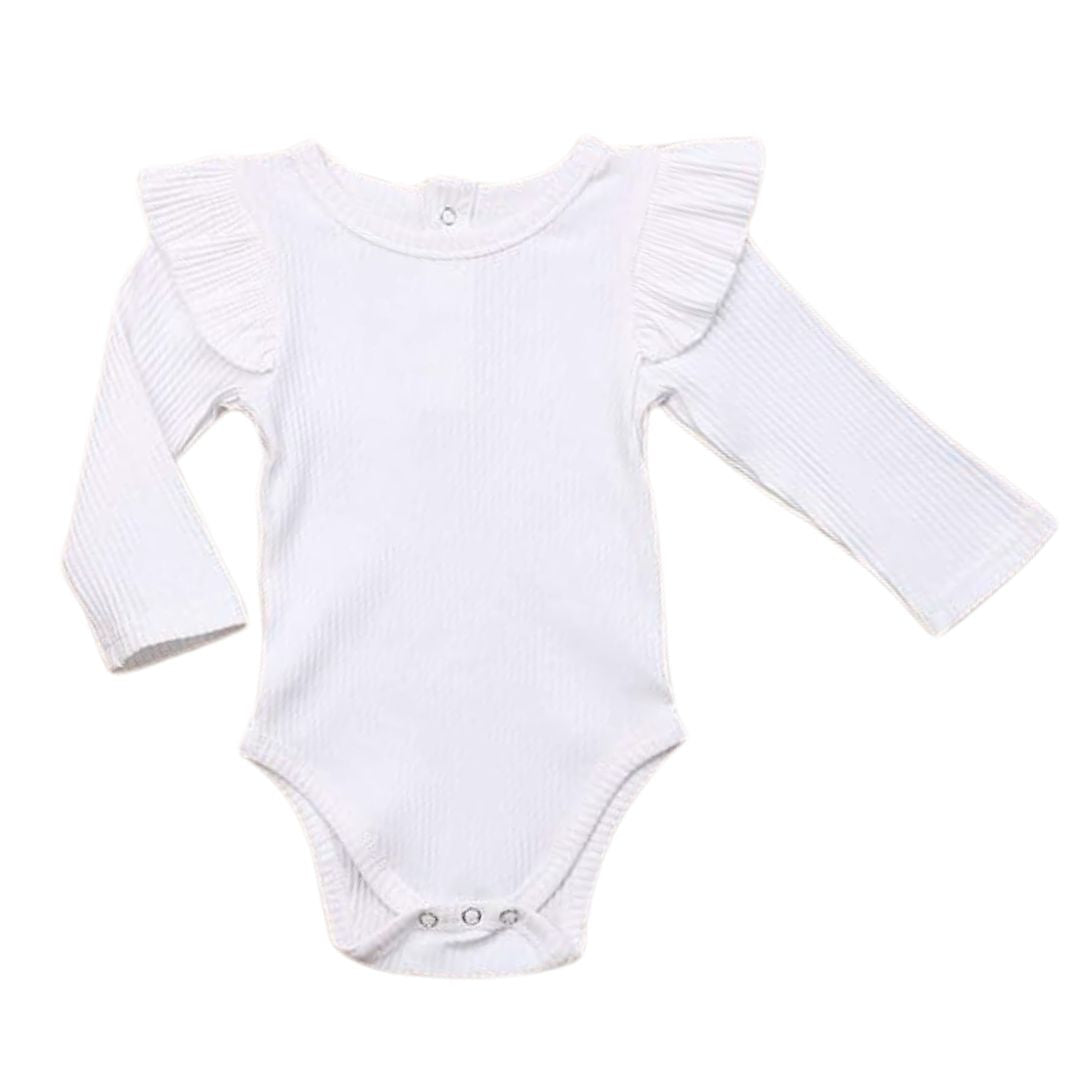 Ribbed Long Sleeve Flutter Romper in white