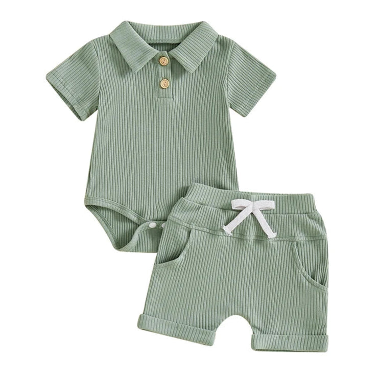 Baby boy outfit set with sage green ribbed polo romper and matching shorts