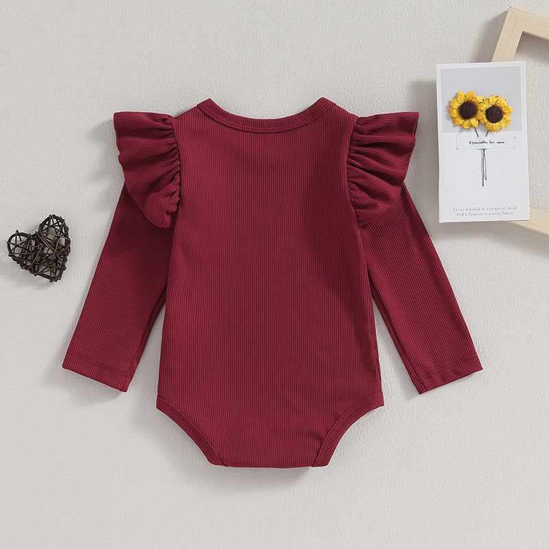 Baby girl ribbed ruffle long sleeve romper in burgundy, perfect for comfy and stylish dressing.