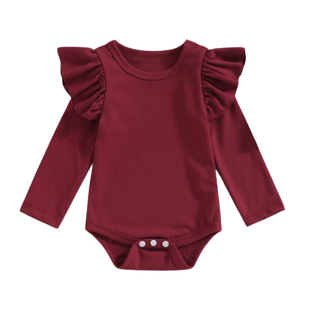 Ribbed ruffle long sleeve romper for baby girls in burgundy, soft cotton blend, stylish and comfy onesie.