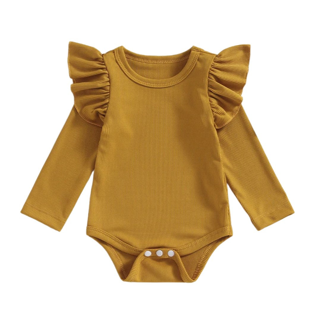 Mustard long sleeve ruffle romper for baby girls, soft ribbed cotton blend onesie with stylish shoulder ruffles.