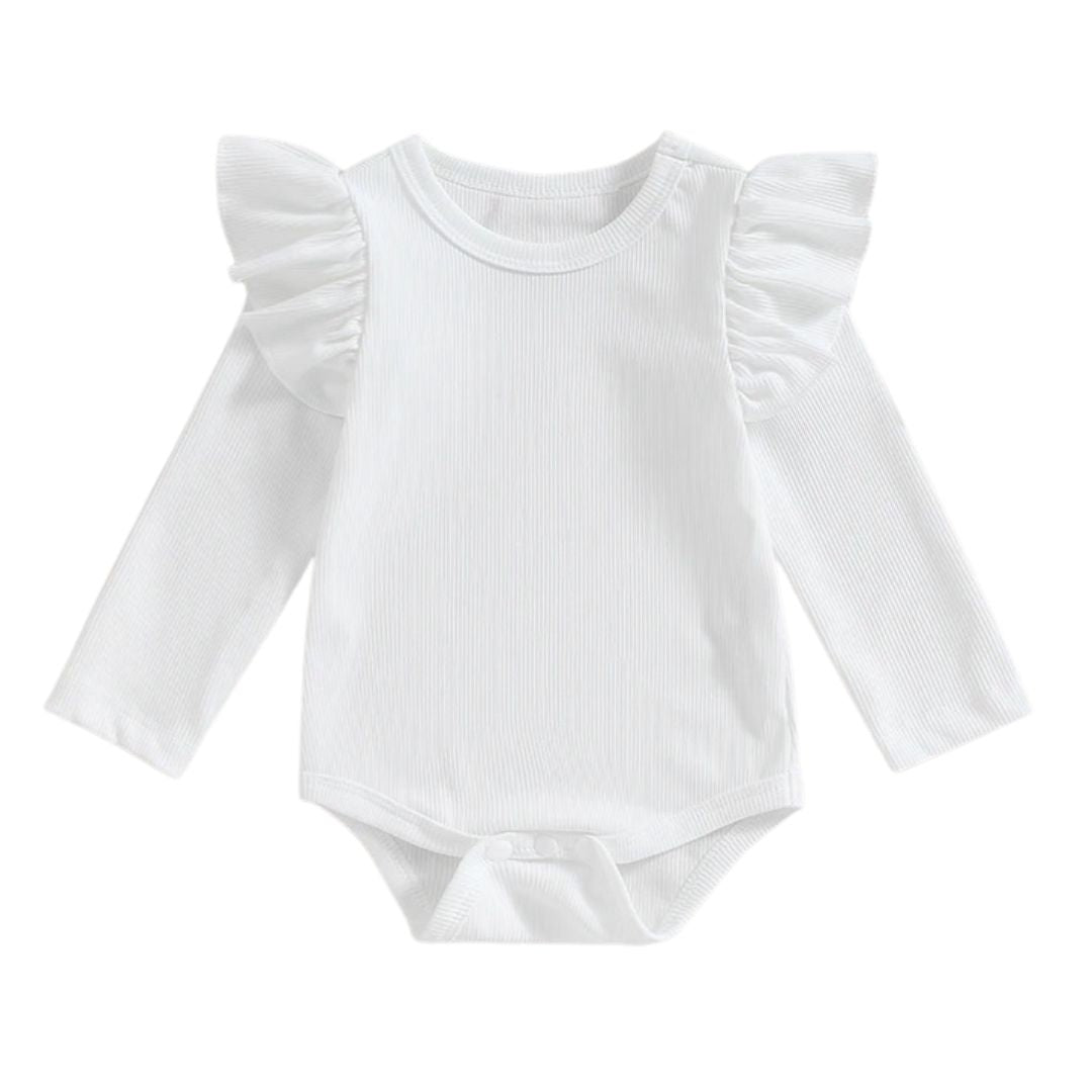 White long sleeve ruffle romper for baby girls, soft ribbed onesie with stylish shoulder ruffles.
