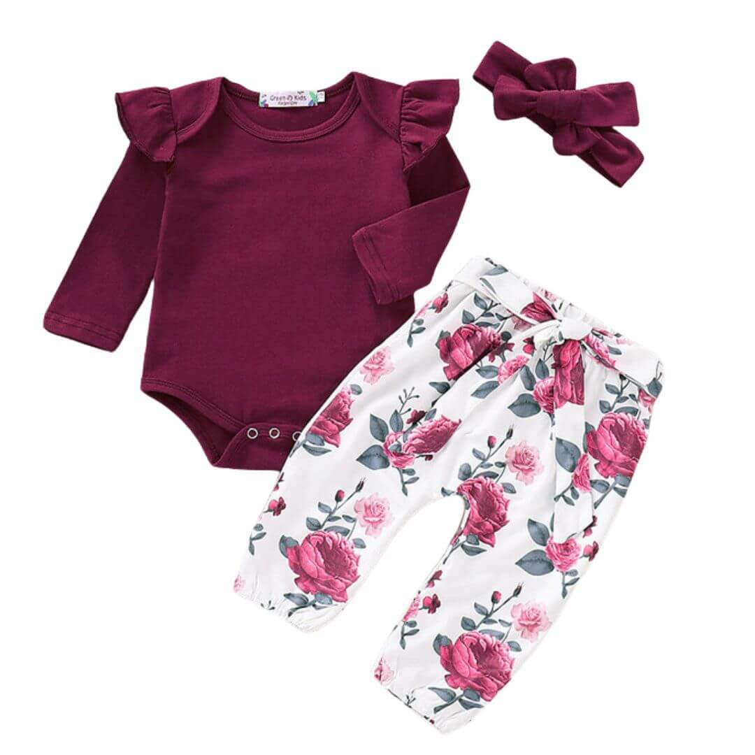 Baby girl outfit including burgundy flutter sleeve bodysuit with rose print pants and matching bow headband