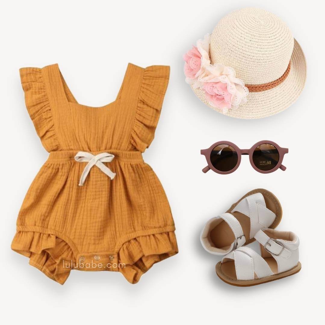 Ruffle romper summer girls outfit with hat, sunnies and sandals - Lulu Babe