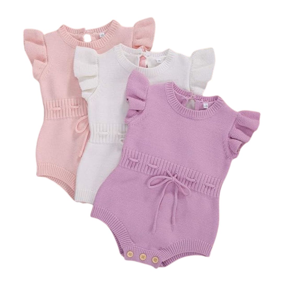 Ruffle Knit Baby Rompers in pink, white & purple