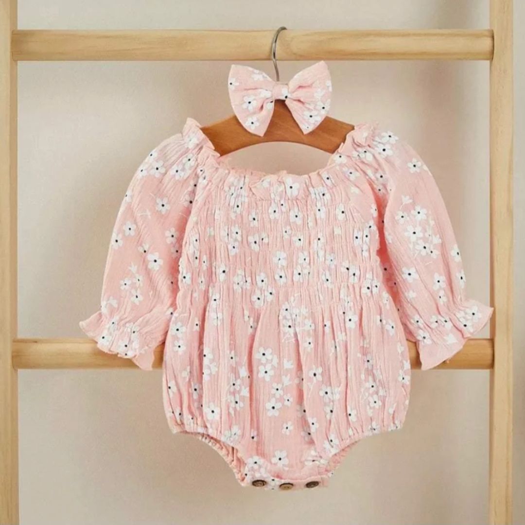 Boho Baby Girl Romper in pink with floral print and puff sleeves, perfect baby girl outfit for a stylish look.