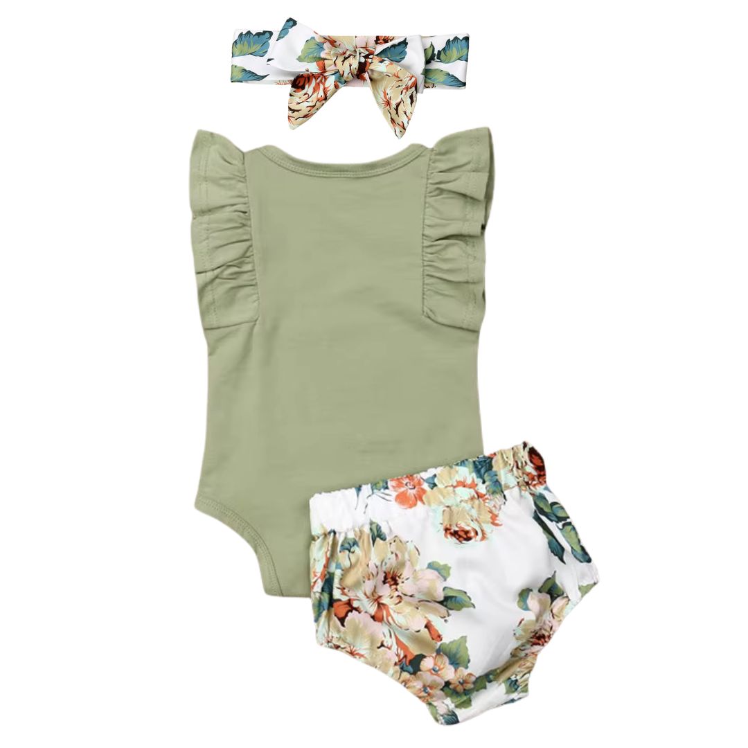Sage Flutter Baby Girl Outfit | Stylish Green & Floral Summer Set - Lulu Babe