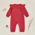 Back view of a red baby girl Christmas outfit with ruffle shoulders, ideal long sleeve festive onesie for holiday celebrations.