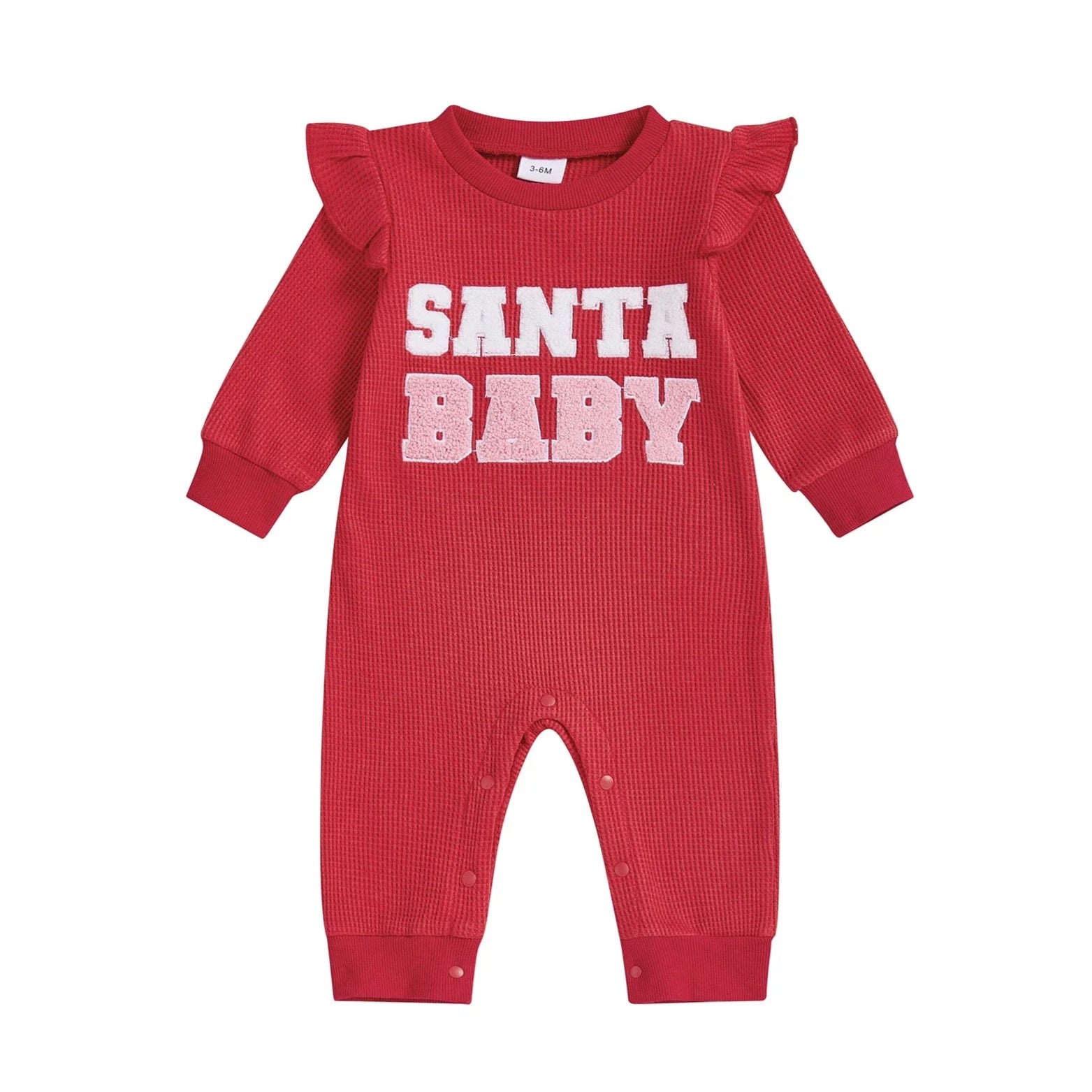 Santa Baby ruffle romper for baby girl Christmas outfit, long sleeve festive onesie in vibrant red with ruffle shoulders.