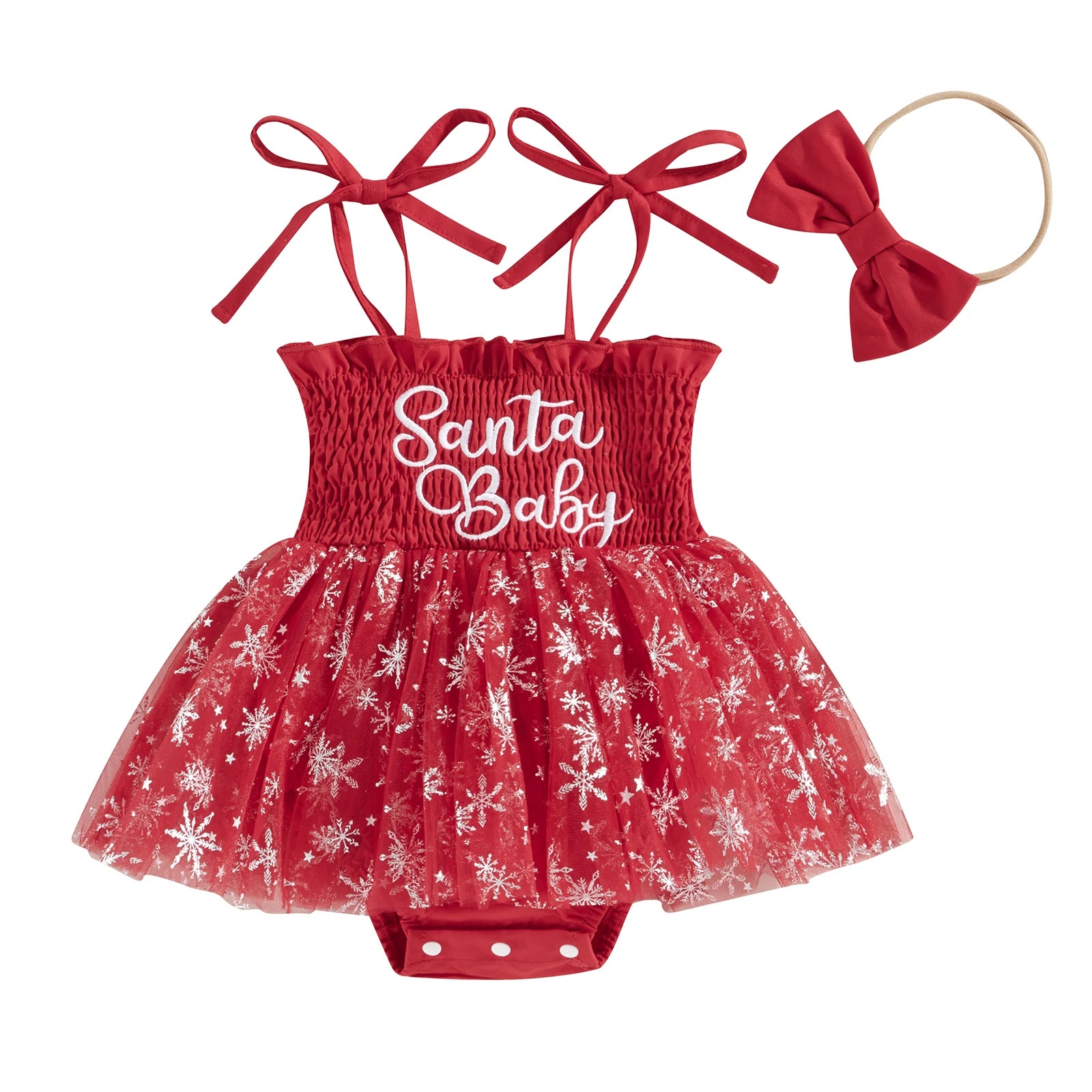 Santa Baby Tutu Romper featuring smocked bodice, snowflake tutu and matching bow headband for Christmas celebrations