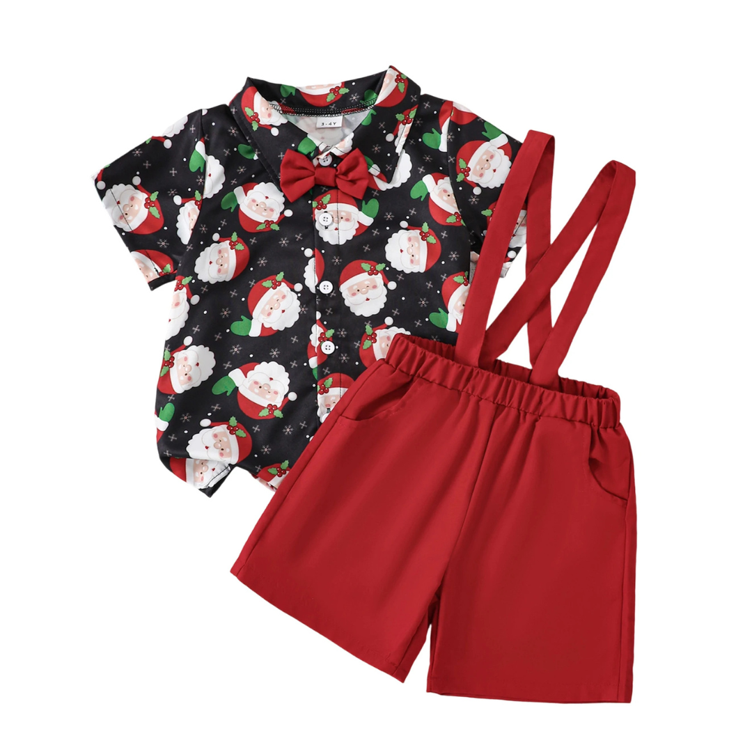 Baby Boy Christmas outfit - the Santa Suspenders Set features a collared shirt with Santa print and red shorts.