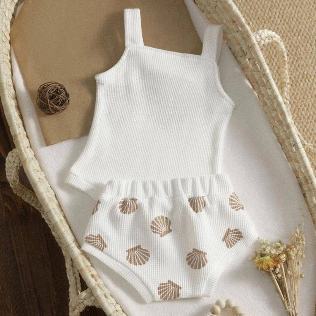 Unisex Baby Outfit | Shell Waffle Shorts & Romper Set - Lulu Babe