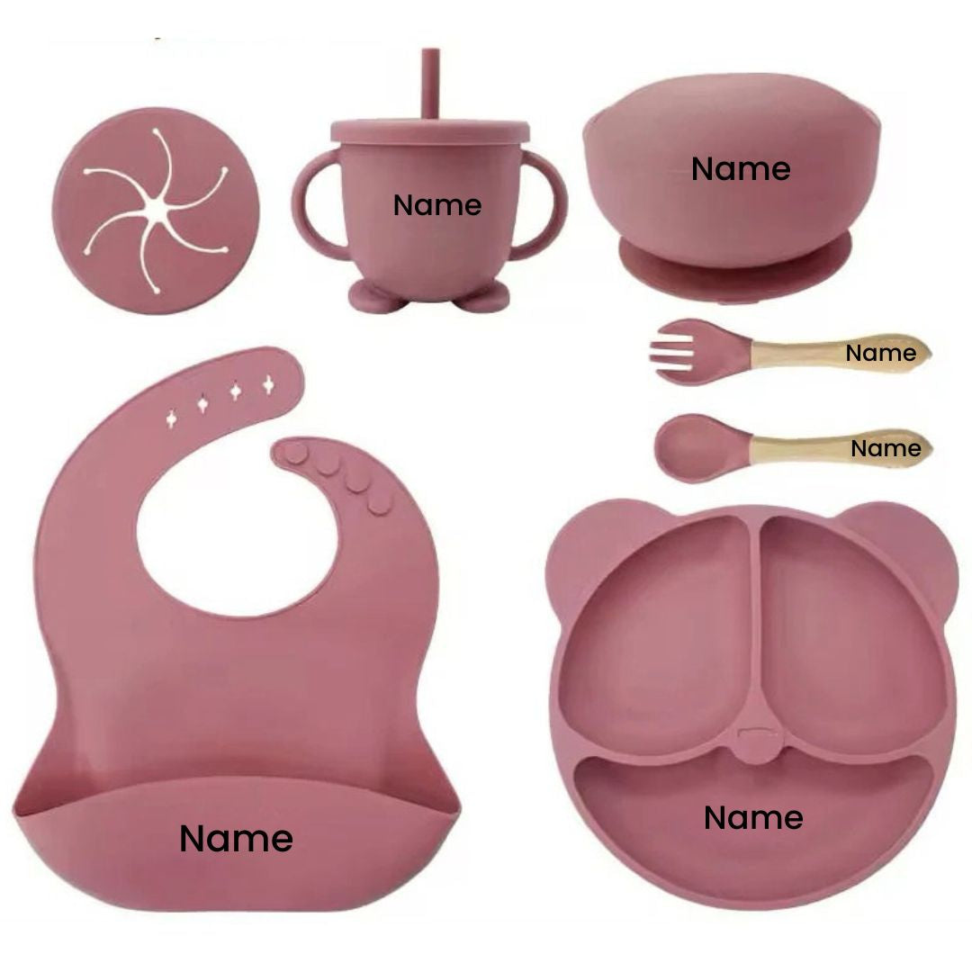 Personalised silicone baby feeding set including bear plate suction bowl sippy cup bib wooden cutlery and snack lid