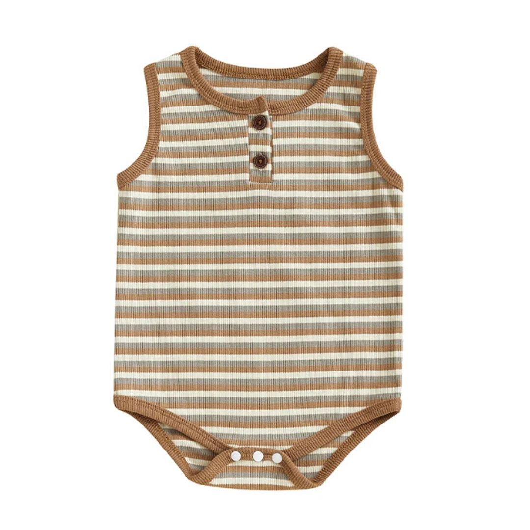 Sleeveless striped baby romper in earthy tones with wooden buttons