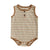 Sleeveless striped baby romper in earthy tones with wooden buttons