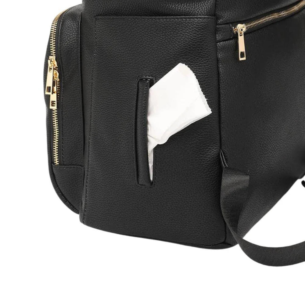 Sofia Nappy Bag in black - wipes pocket closeup