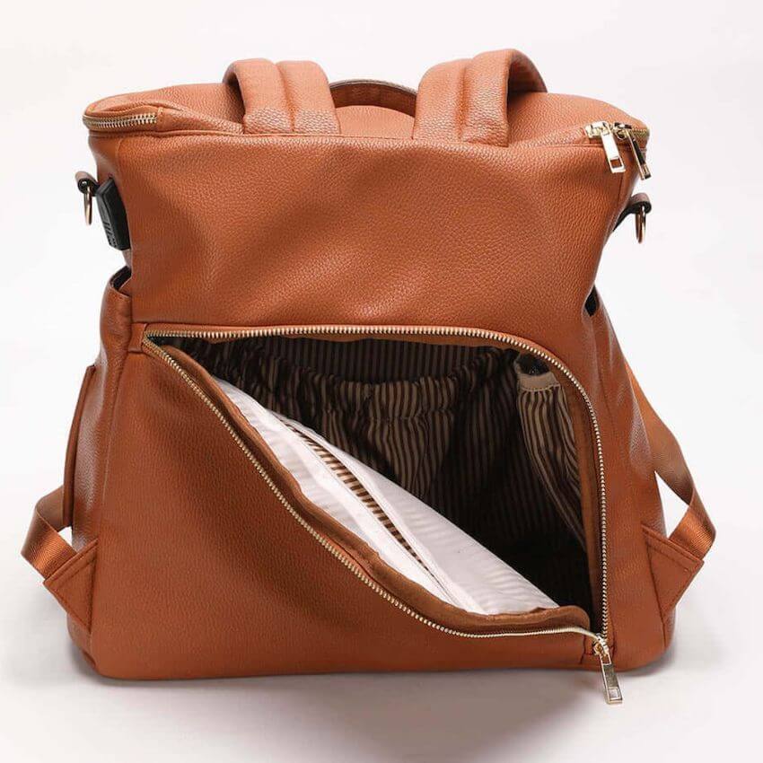 Sofia Nappy Bag tan - showing rear zipper opening to the main compartment