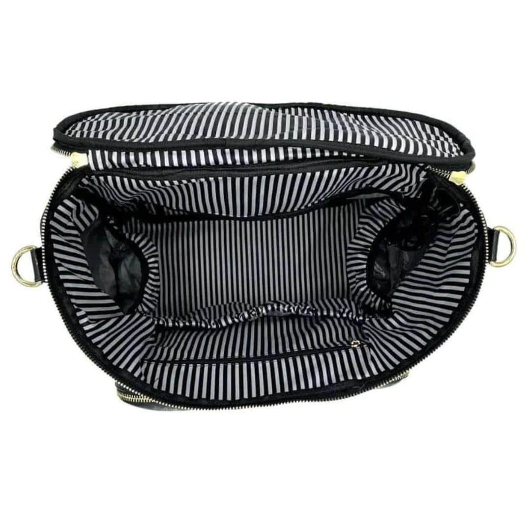 Sofia Nappy Bag - black backpack open, revealing the interior lining and storage pockets