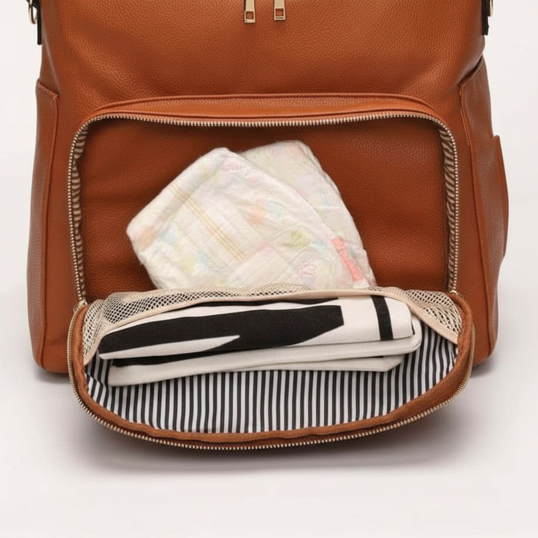 Vegan leather nappy bag tan - front zipped pocket