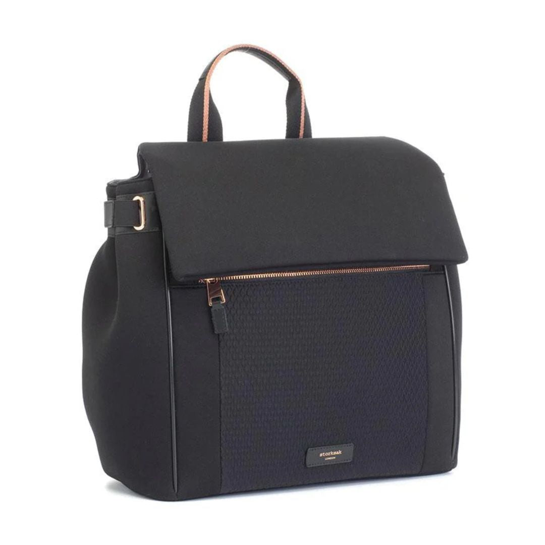Storksak St James scuba nappy bag in black with rose gold hardware