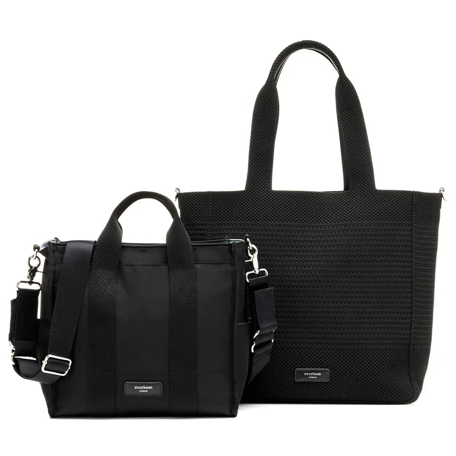 Storksak Thea tote, compact nappy bag and deluxe changing mat set in black