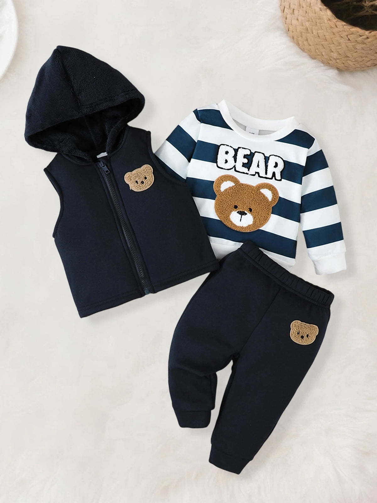 Baby boy tracksuit set with hooded zip vest, striped bear pullover and navy pants with teddy bear patches