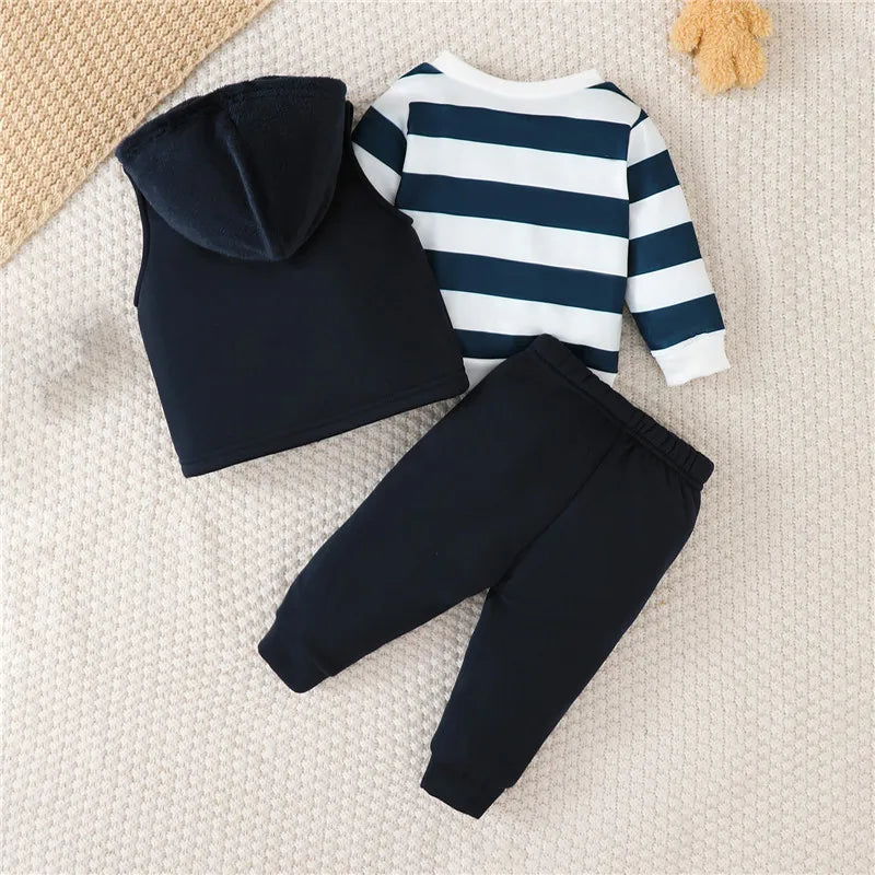 Back view of baby boy set with hooded zip vest, striped bear pullover and navy pants with teddy bear patches