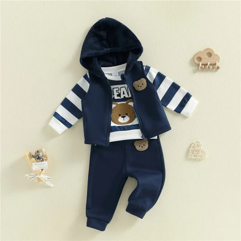 Navy baby boy tracksuit set with hooded zip vest, navy and white striped bear sweatshirt and navy joggers with chenille bear patches