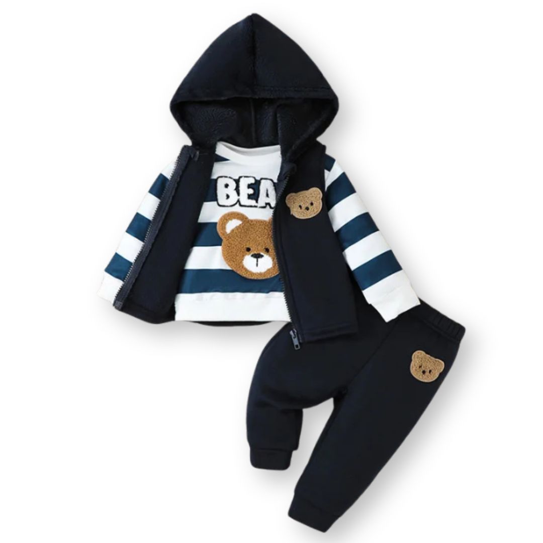 Three-piece navy baby boy tracksuit set with hooded zip vest, navy and white striped bear sweatshirt and navy joggers with chenille bear patches